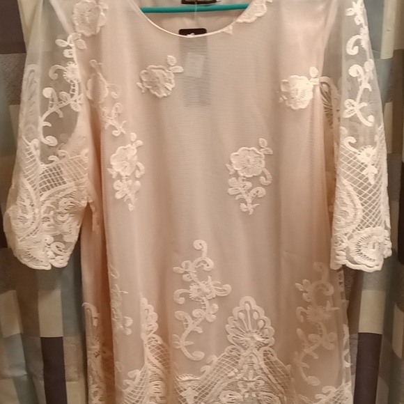 FINAL PRICE NWT JOHN FASHION pink crocheted embossed laced s/s blouse XL - Picture 1 of 6